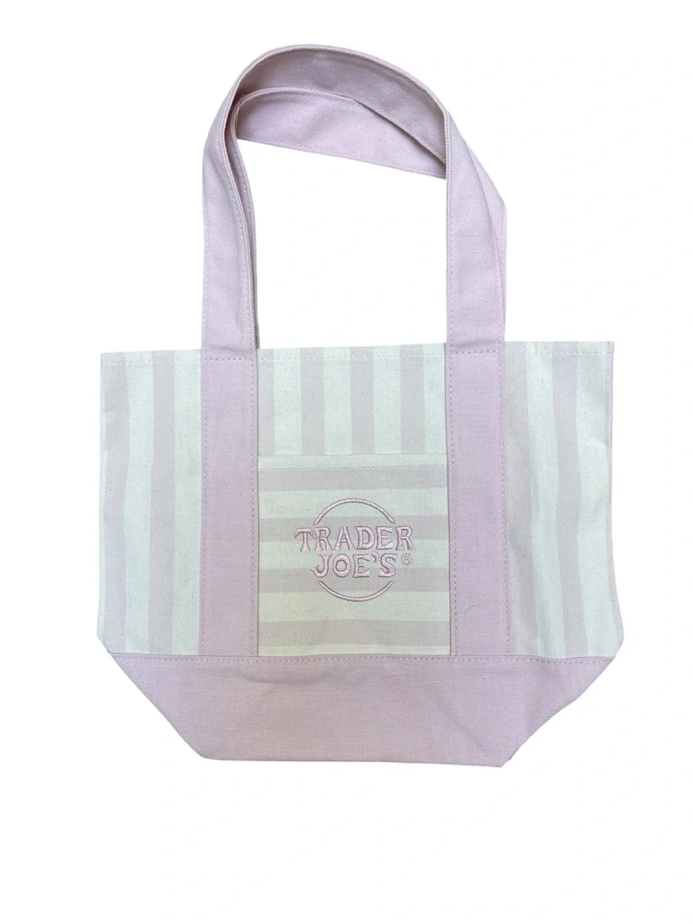 Complete Set of 2- Trader Joe's Pastel Pink Blue Striped Canvas Mini Tote Bags